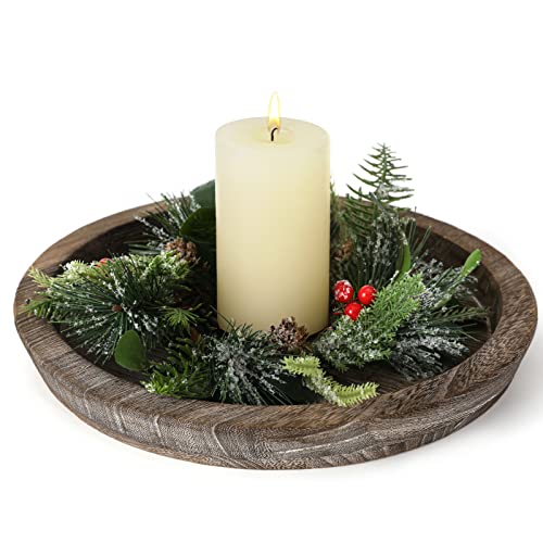 Rustic Wood Tray Candle Holder Set of 2, Large Round Wooden Catch-All Holders, Natural Farmhouse Coffee Decorative, Table Accessories for Home, Kitchen, Dining Room