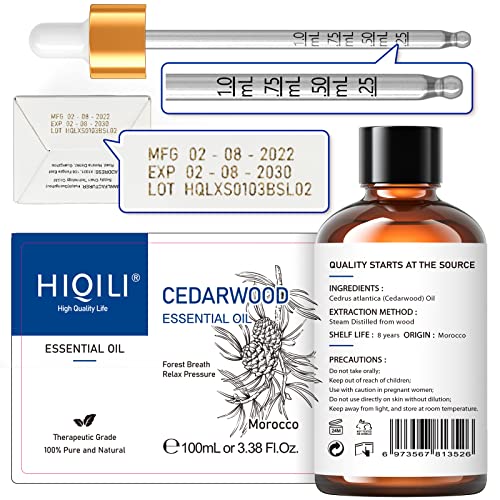 HIQILI Cedarwood Essential Oil, Pure and Natural Cedarwood Oil for Hair Growth, Skin and Diffuser with Dropper - 100ml