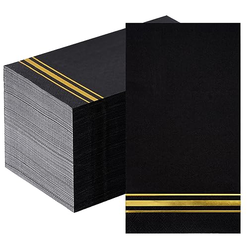 100 Gold Trim Lined Paper Napkins Black Elegant Dinner Napkins, 3 Ply Gold Foil Guest Napkins Disposable Hand Towels for Bathroom Wedding Anniversary Birthday Holiday Graduation Party