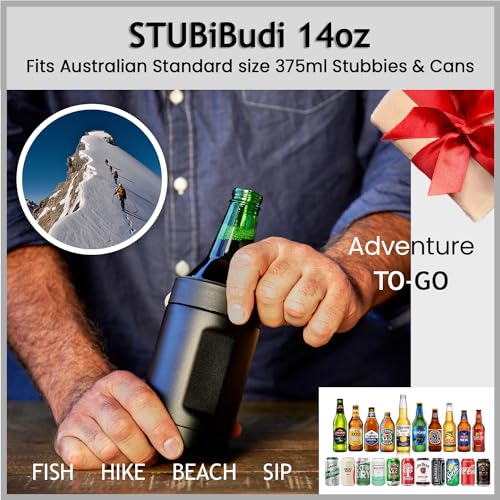 STUBiBudi Stubby Holder, Beer Cooler, Bottle Opener, Premium 375ml Can Coolers 4 in 1 Stubby Cooler for Can Bottles & Tumbler - Beer Gifts for Men Stainless Steel Insulated Bottle Holder (Black)