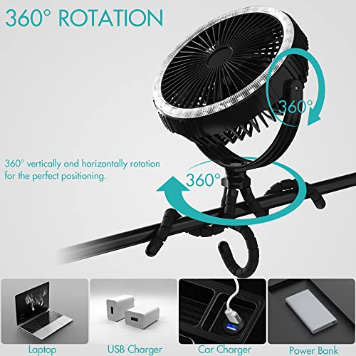 10000mAh Rechargeable Portable USB Fan, 8-Inch Clip on Fan, Camping Fan with LED Lantern, 3 Speeds, 3 Timers, 360°Rotation, Flexible Tripod for Golf Cart Camping Tent