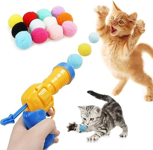 Mewlmart Cat Toys Interactive for Indoor Cats Kitty Toys Cat Toys for Indoor Cats Self Play Cat Ball Toy Pom Pom Balls Plush Ball Shooting Gun for Cats Puff Balls Cat Enrichment Toys1.2IN 30 Balls