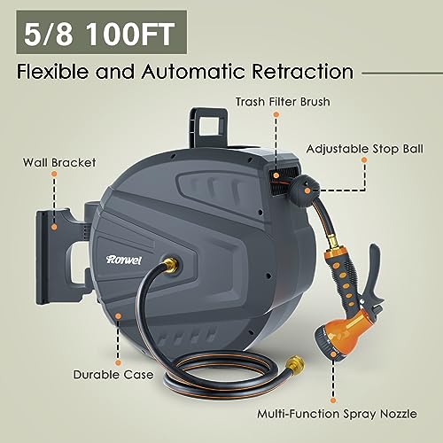 Roywel Retractable Garden Hose Reel,Outdoor Hose Reel,Wall Mounted,Automatic Rewind,180°Piovt, Any Length Lock, With 9- Function Sprayer Nozzle (5/8 100FT)