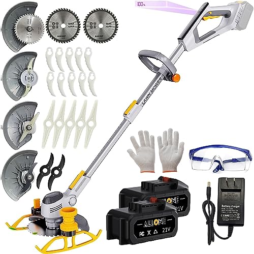 ALLONE Cordless Whipper Snipper with 4.0Ah Battery and Fast Charger, 4 Types Blades, Electric Grass Trimmer Lightweight Lawn Edger Battery Powered Brush Cutter with Power Display