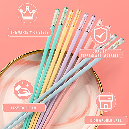 5 Pairs Fiberglass Chopsticks-Reusable Chopsticks Dishwasher Safe, 9.6 inch/24.3cm Matte Non-Slip Family/ Hotel/ Restaurant Chop Sticks, Chinese/Japanese Hair Chopstick Gift Set, Sakura