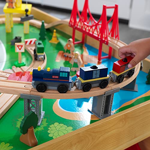 KidKraft Waterfall Mountain Wooden Train Table with Storage Boxes, Train Track Set with Wooden Toy Cars, Crane, Helicopter, Airplane and Accessories Included, Kids’ Toys, 17850