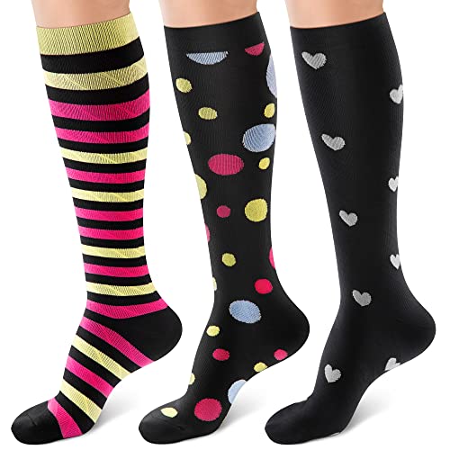 Cambivo 3 Pairs Compression Socks(20-30 mmHg) for Women and Men, Stocking for Swelling, Running, Flight, Travel, Pregnancy, Nurses, Medical, Circulation and Recovery - (S/M, Black Yellow Yellow)