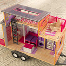 KidKraft Teeny House Wooden Dolls House on Wheels with Furniture and Accessories, Doll Caravan with Tow Bar, Kids' Toys, 65948