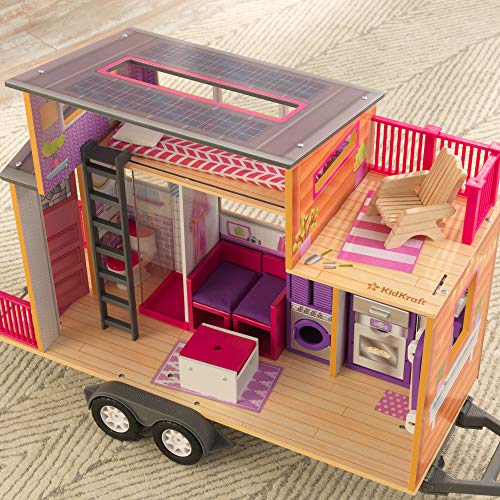 KidKraft Teeny House Wooden Dolls House on Wheels with Furniture and Accessories, Doll Caravan with Tow Bar, Kids' Toys, 65948