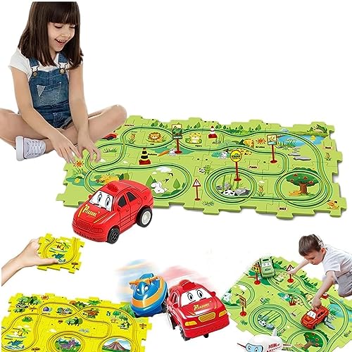 Children's Educational Puzzle Track Car Play Set - 2024 New DIY Assembling Electric Trolley, Puzzle Track Play with Vehicles Battery-Operated, Thinking Educational Toys for Kids 3+ (Land)