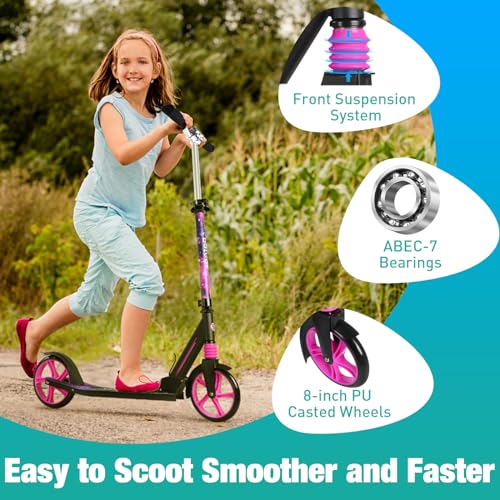 BELEEV V5 Scooters for Kids 6 Years and up, Folding Kick Scooter 2 Wheel for Adults Teens, 4 Adjustable Handlebar, 200mm Big Wheels, Lightweight Sports Commuter Scooter, up to 220lbs(Purple)