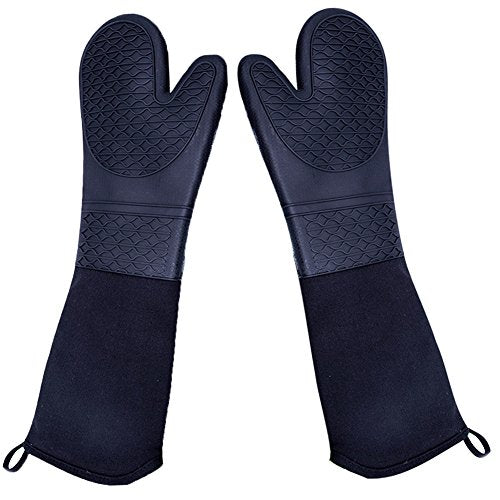 DoMii Extra Long Silicone Oven Mitts Heavy Duty Commercial Grade Oven Mitts Heat Resistant BBQ Gloves with Quilted Cotton Lining 2 Pack