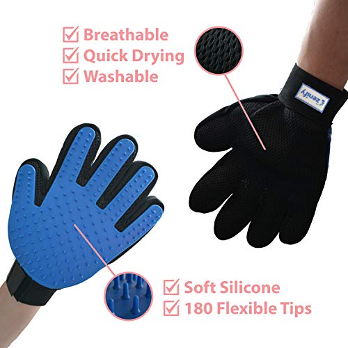 Zenify Pet Hair Remover Dog Grooming Glove Cat Brush Fur Removal Groomer Supplies for Short Haired Cats Puppy Dogs Horses Rabbits Massager Silicon Deshedding Mitt Efficient Gift (Blue 2 Pack)