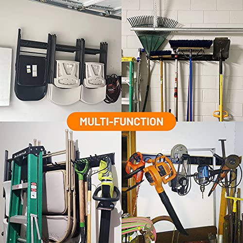 Wallmaster Garage Storage Organization Wall Mount, Garden Tool Rack Organizer Heavy Duty Folding Chair Hangers with 6 Adjustable Hooks 48inch Tracks Max Load 265lb