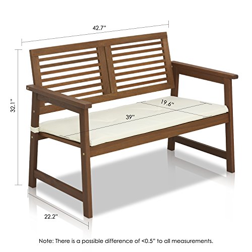 Furinno Tioman Hardwood Outdoor Bench in Teak Oil with White Cushion