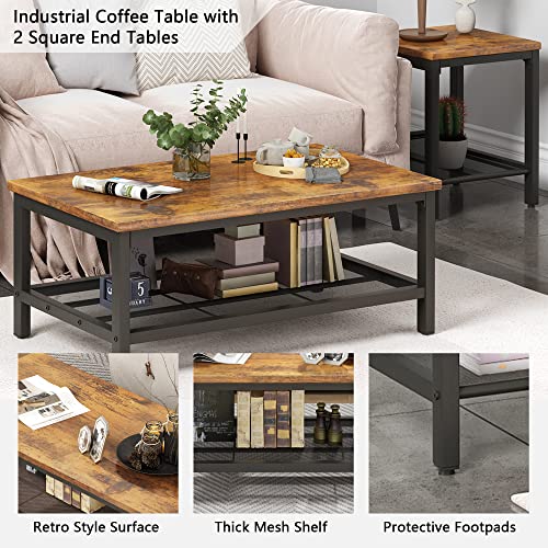 AWQM 3 Pieces Coffee Table Set, Industrial Coffee Table with 2 Square End Side Tables, Modern Living Room Table Set with Metal Frame for Apartment Home Office, Rustic Brown