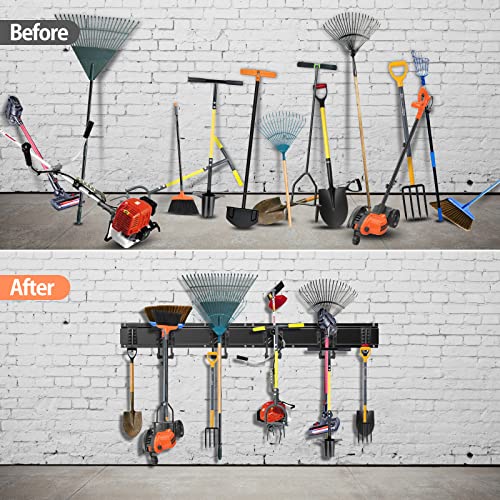 Garage Tool Storage Rack, Garage Organizer Wall Mounted Storage System with 6 Hooks, Max 300 lbs Super Heavy Duty Garden Tool Hanger Rack for Ski Gears, Chair, Broom, Mop, Rake Shovel Yard Tools