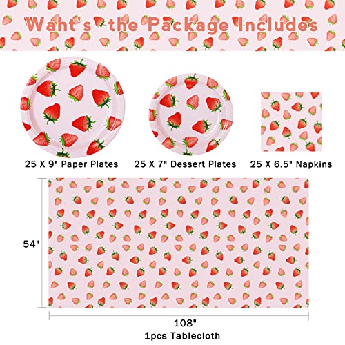 Strawberry Party Tableware Set,Strawberry Birthday Party Decoration,Summer Fruit Party Supplies Paper Plates Napkins Tablecloth for 25 Guests Perfect for Birthday Summer Fruit Party 1st Party
