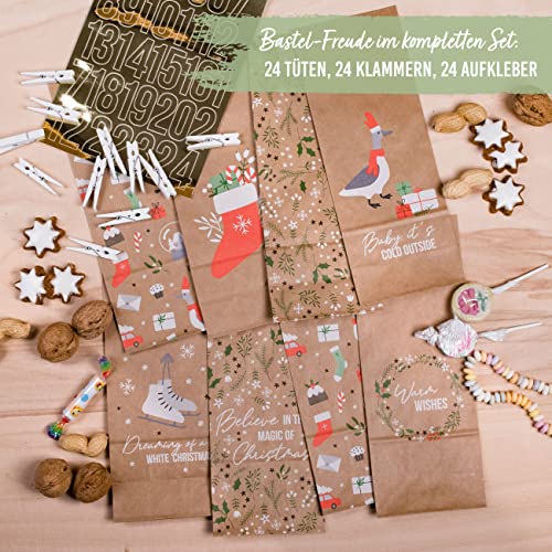 Papierdrachen Advent Calendar for Filling - 24 Brown Printed Gift Bags and 24 Number Stickers and Clips - Christmas Motif - for Crafts and Gifts - Christmas