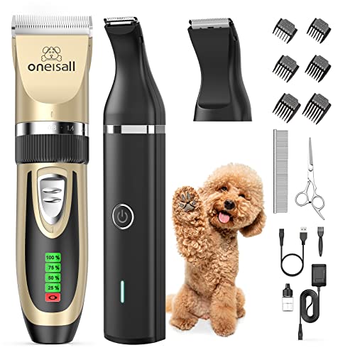 oneisall Dog Grooming Clippers and Dog Paw Trimmer Kit 2 in 1 Quiet Cordless Dog Clippers for Grooming Pet Hair Paws Trimmers for Small Dogs Cats Animals Gold & Black X2N5