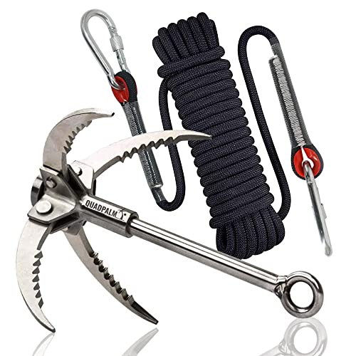 Multifunctional Grapple Hook - 4 Stainless Steel Folding Claws - Heavy Duty  - Outdoor Camping Hiking Tree Rock Mountain Climbing Equipment (Blue Rope)