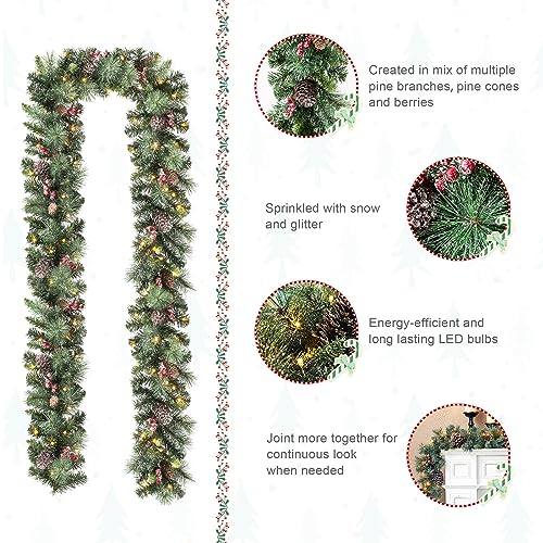 Glitzhome 2PK 6FT Glittered Pinecones and Berries Christmas Garland with 50 Warm White Lights and Timer for Christmas Holiday Party Hanging Decorations