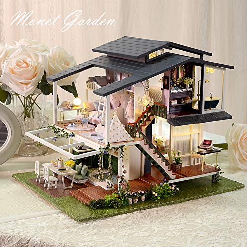 GuDoQi DIY Miniature Dollhouse Kit, Mini Dollhouse with Furniture, Tiny House Kit Plus Dust Cover and Music Movement, DIY Miniature Kits to Build, Monet Garden