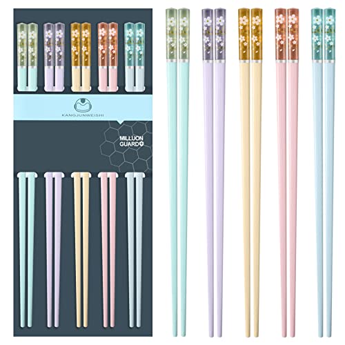 PYBBO Chopsticks Reusable Dishwasher Safe, 9.63 inch/24.3cm Fiberglass Non-Slip Chop Sticks, Chinese/Japanese Chop Sticks for beginners, Sakura Chopsticks Colorful- 5 Pairs, 9.6 inch