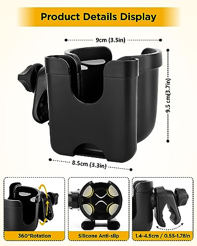 Universal Stroller Cup Holder with Mobile Phone Case, 2-in-1 Strollers Storage Rack, 360 Degrees Rotation Drink Holder for Bike, Pushchair, Wheelchair, Walker,Bicycle, Fits Most Cups