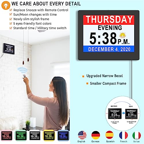 2023 Upgraded 19 Alarms Electronic Calendar Clock Day Date Clock, Non-Abbreviated Memory Loss Extra Large Day & Month Digital Clock, Auto Night Dimming (8” Black with Remote Control)