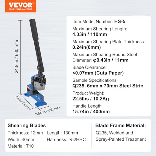 VEVOR Hand Plate Shear 5", Manual Metal Cutter Cutting Thickness1/4 Inch Max, Metal Steel Frame Snip Machine Benchtop 7/16 Inch Rod, for Shear Carbon Steel Plates and Bars