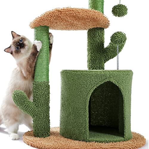 PAWZ Road Cat Tree Cactus Cat Tower with Sisal Covered Scratching Post, Cozy Condo, Plush Perches and Fluffy Balls for Indoor Cats 83.5cm