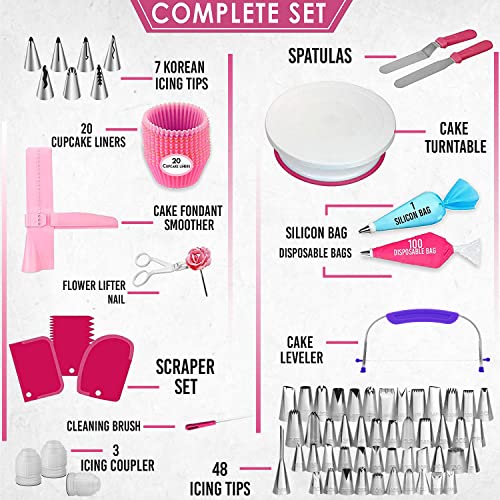 RFAQK 200 PCs Cake Decorating Supplies Kit for Beginners -1 Cake Turntable Stand with Piping Bags & Tips -2 Spatula -Cake Leveler & Icing Smoother-55 Piping Tips -Baking Tools - 20 Cupcake Liners