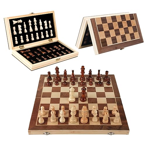 Chess Board, Magnetic Chess Sets Wooden Travel Chess Set for Adults and Kids, Folding Chess Board Set with Crafted Chess Pieces Includes Extra Queens