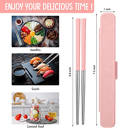 3 Pieces Reusable Chopsticks with Case, Portable Chopsticks Flatware Set, Metal Stainless Steel Travel Chop Sticks with Wheat Straw Handle, Japanese Chinese Korean Chopsticks for Bento Box