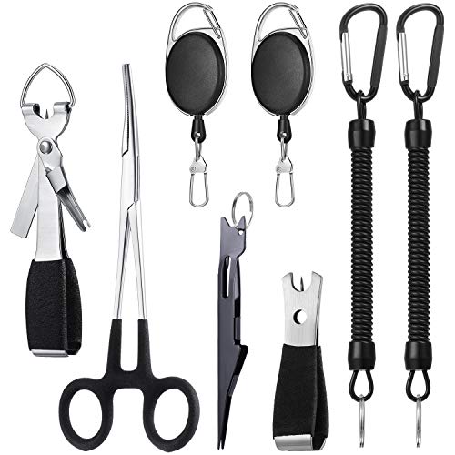 Skylety 8 Pieces Fly Fishing Tools Accessories Include 4 in 1 Fly Line Clipper Black Knot Tyer Fishing Line Nipper Fishing Hook Remover Forcep Retractors Keychains and Fishing Lanyard for Anglers