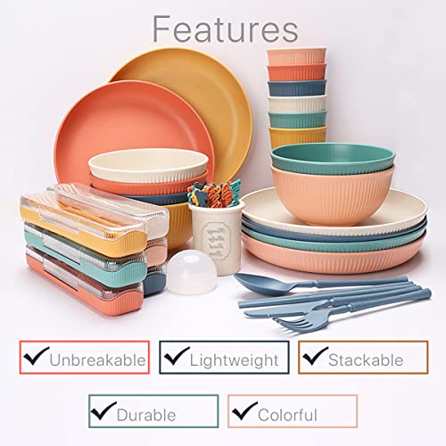 60pcs Wheat Straw Dinnerware Serving Sets for 6,Unbreakable Dinner Dishes,Colorful Lightweight Plates Bowls Cups Sets, Perfect for Camping, Picnic, Party, RV, Outdoor Barbecue, Microwave & Dishwasher Safe