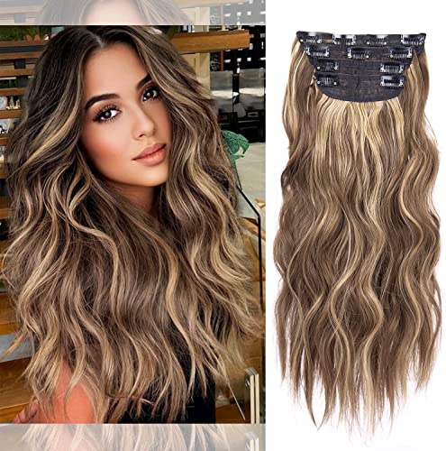 4pcs Clip in Hair Extensions Balayage Chocolate Brown to Caramel Blonde 20inch Long Wavy Synthetic Hair Extensions