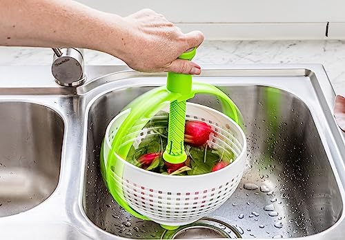 Dreamfarm Spina | Easy-to-Use Salad Spinner | Non-Scratch, Nylon Spinning Colander | Lettuce Spinner | Colander with Collapsible Handle | White/Green