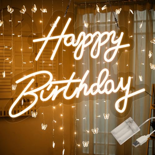 ATOLS Happy Birthday Neon Sign for Wall Decor, Battery or USB Powered Happy Birthday Led Sign, Reusable Happy Birthday Light Up Sign for All Birthday Party Decoration, Size-17x13 Inch, Warm White