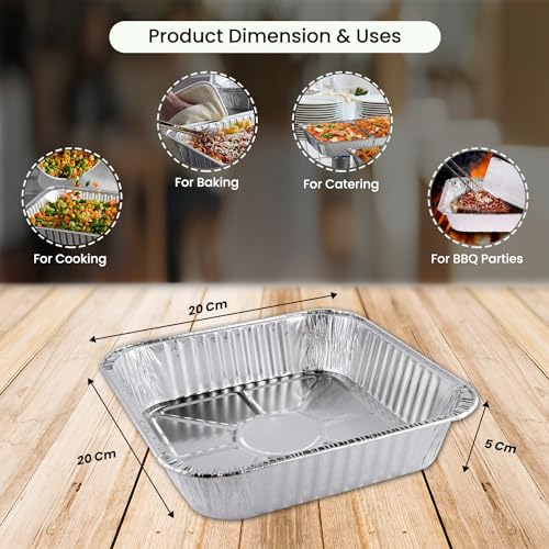 Packware Square Disposable Aluminum Foil Tray - Premium Quality Aluminum Foil with Leakage-Proof, Durable, Recycled Material - Catering, Baking, Roasting, Grill & Much More - 20x20x5cm (20 Pack)