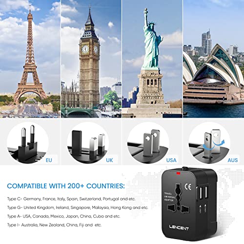 LENCENT Universal Travel Adaptor, All-in-One International Power Adapter, Worldwide Travel Charger for US, UK, EU, AU, Over 200 Countries
