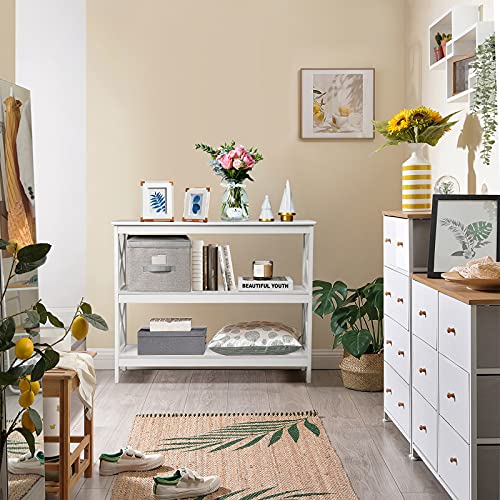 Giantex Industrial 3-Tier Console Table, Rustic Sofa Side Table with Storage Shelf, X-Design Bookshelf Narrow Accent Table for Entryway Hallway Living Room (Model 2, White)