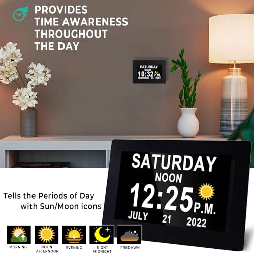 2023 New, 19 Alarms Day Date Clock Dementia Clock Digital Alarm Clock, 15 Custom Reminders, Auto Night Dimming, Non-Abbreviated Calendar Clock with 5 Colors, 6 Display Effects