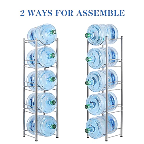 OYEAL 5 Tier Water Bottle Organizer Vertical Free Standing Storage Shelf Metal Water Cooler Dispenser Heavy-Duty Water Holder Stand for Kitchen Party Pantry, Sliver