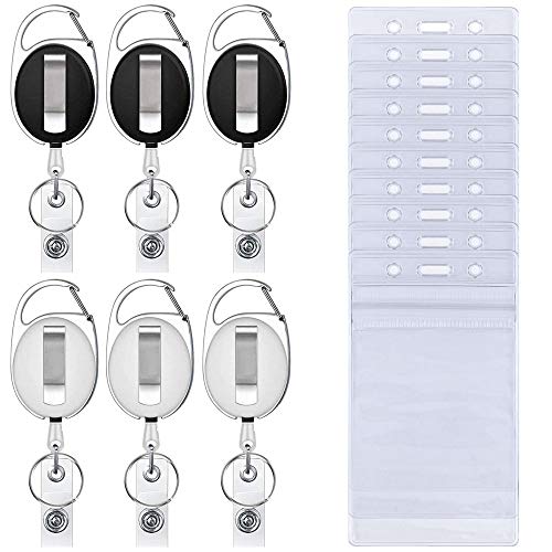 6 Pcs Retractable Badge Holders with 10 Pcs Waterproof Transparent Card Holder, SENHAI Carabiner Belt Clip Split Ring and Vertical Style Clear ID Card Holders