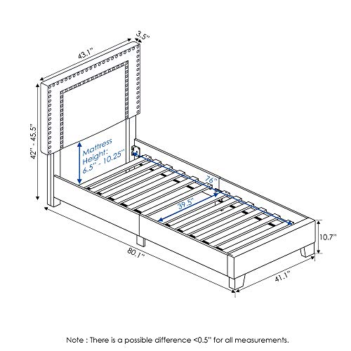 Furinno Laval Double Row Nail Head Upholstered Platform Bed Frame, Twin, Glacier