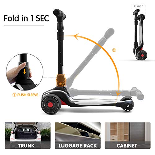 LOL-FUN Scooter for Kids Ages 3-5 Years Old Boy Girl with 3 Wheels, Extra-Wide Children Foldable Kick Scooter Kids Ages 6-12 Toddler with 4 Adjustable Height and Lean-to-Steer - Black