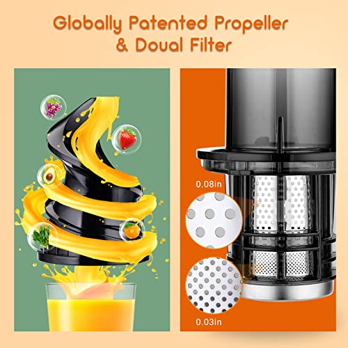 Juicer Machines-SOVIDER Up to 92% Juice Yield Compact Slow Masticating Juicer 3.1 Inch Wide Chute Cold Press Juicer for High Nutrient Fruits Vegetables Easy Clean with Brush Pulp Measuring Cup Reverse