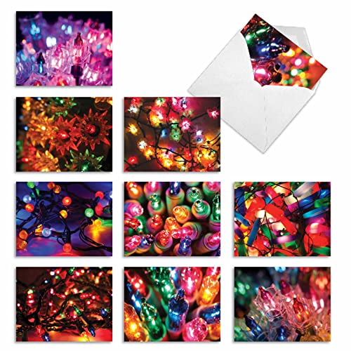 10 Assorted 'Light Brights' Blank All Occasion Christmas Cards with Envelopes (Mini 4" x 5.25"), Boxed Season's Greetings Cards With Close-Ups of Colorful Holiday Lights